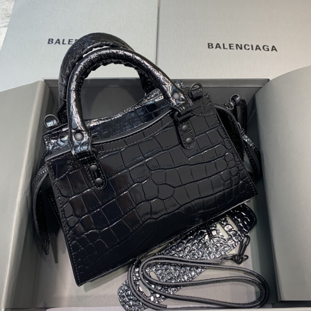 Balenciaga Neo Classic Mini Handbag Crocodile Embossed Shoulder Bag Black